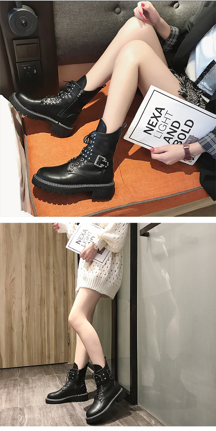 Черные Ботинки martin с перекрестной шнуровкой bottes femme женские мотоциклетные ботинки на толстом каблуке до середины икры, 2 стиля, металлические сапоги