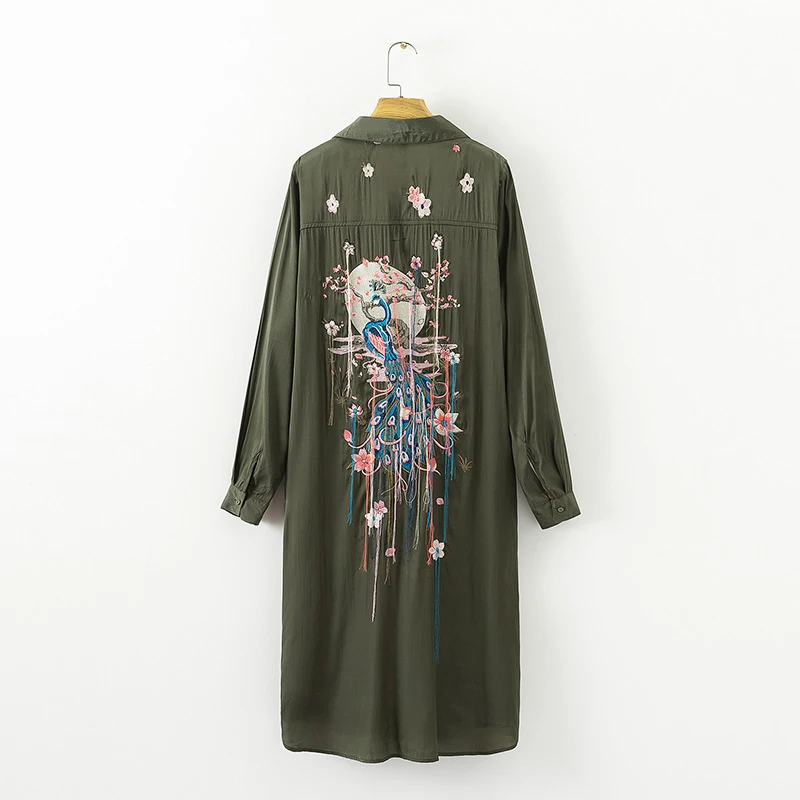 Однобортные пуговицы 2019 Женская Длинная блузка с отложным воротником армейский