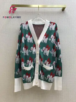 

2020 Autumn Woman Knitwear Contrast Color Cartoon Pattern Breasted Cardigan