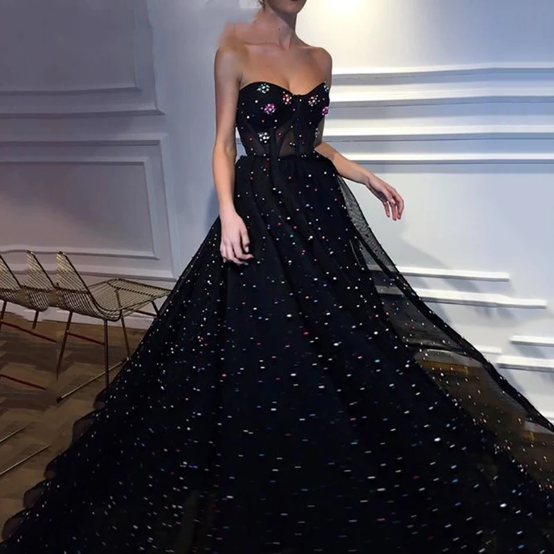 

Eightree 2020 Long Black Beaded Prom Dress with Pocket Colorful Pearls Formal Evening Dress Sweetheart Tulle Evening Party Gown