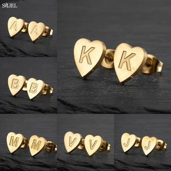 Stainless steel a z initial earrings for women girls personalize letter name heart stud earring