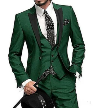 

High Quality Italy style Green Groom Tuxedos Peak Lapel Groomsmen Mens Wedding Business Prom Suits (Jacket+Pants+Vest+Tie)