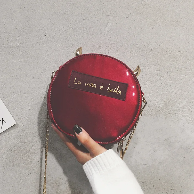 

JIULIN Foreign trade Korean version of lacquer small round bag monster horn shoulder slung women's bags