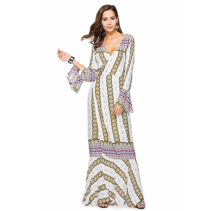 

Bohemian V-Neck African Women Dress Flare Sleeve A-Line Maxi Dress for Ladies