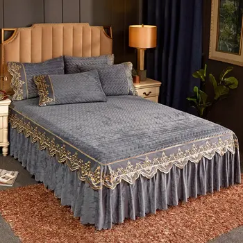 

Crushed Velvet Embroidery Lace Bed Skirt Queen Qulited Bedspread Set King Full Double Elastic Bed Cover Fitted Sheet Pillowcases