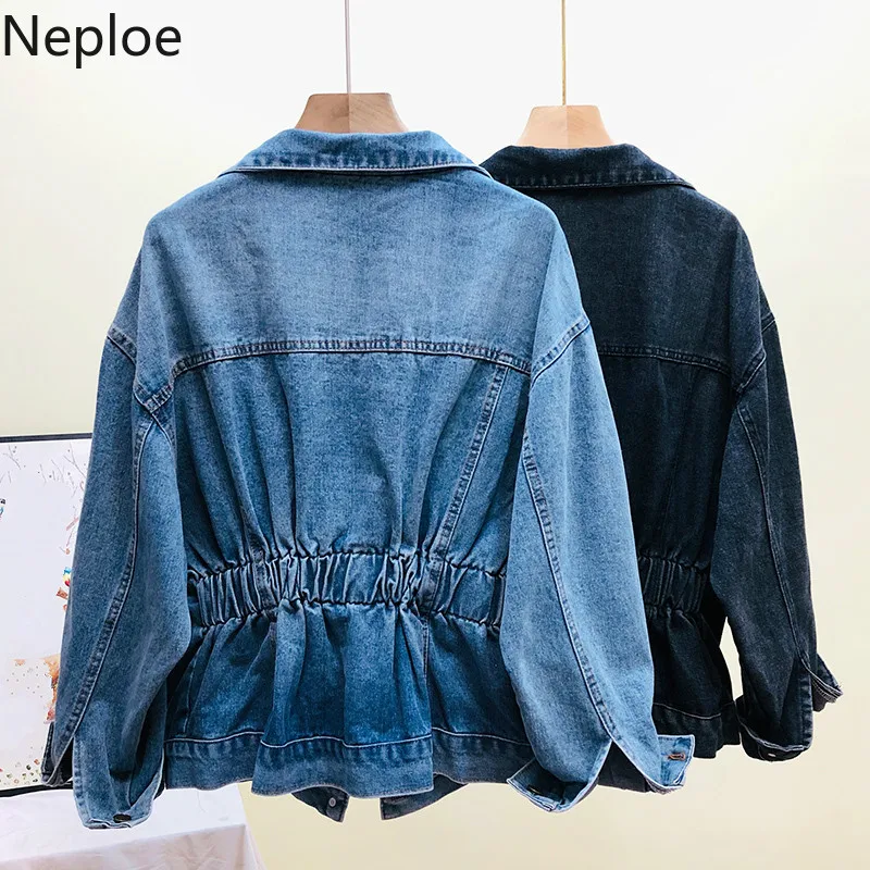 Neploe/женское короткое Ковбойское пальто с длинным рукавом, меняющая цвет джинсовая куртка Осенняя эластичная плиссированная джинсовая одежда 54413