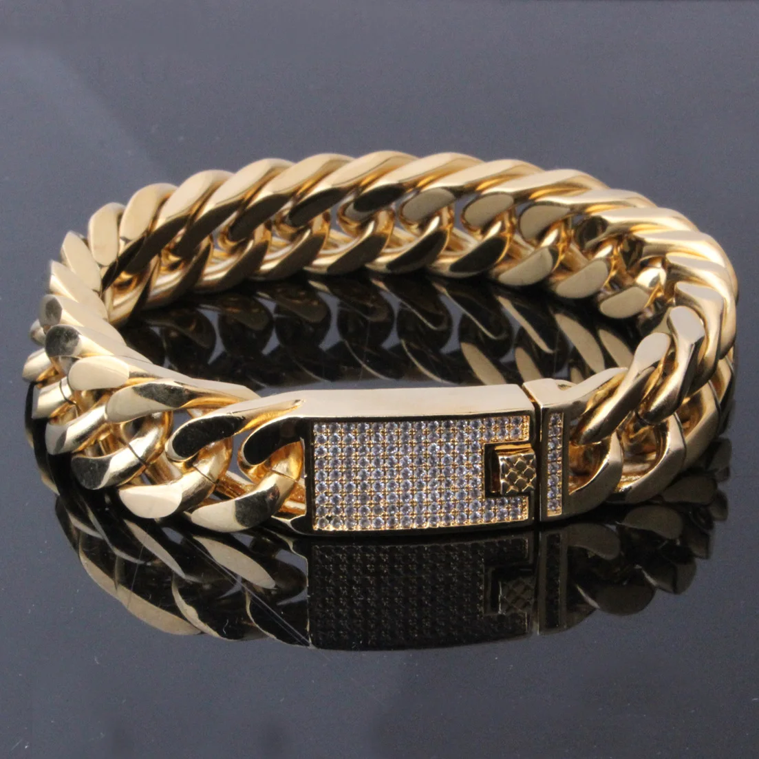15 мм широкая Мужская цепь Снаряженная кубинская Золотая цепь тон 316L браслет из нержавеющей стали с кристаллами AAA