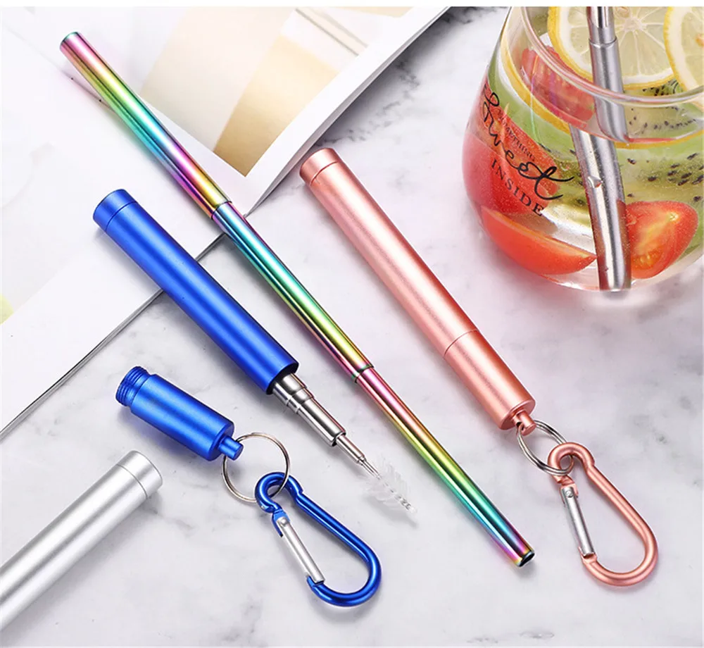 50pcs Foldable Straws Reusable Folding Drinking Straws Stainless Steel Metal Telescopic with Aluminum Case & Cleaning Brush