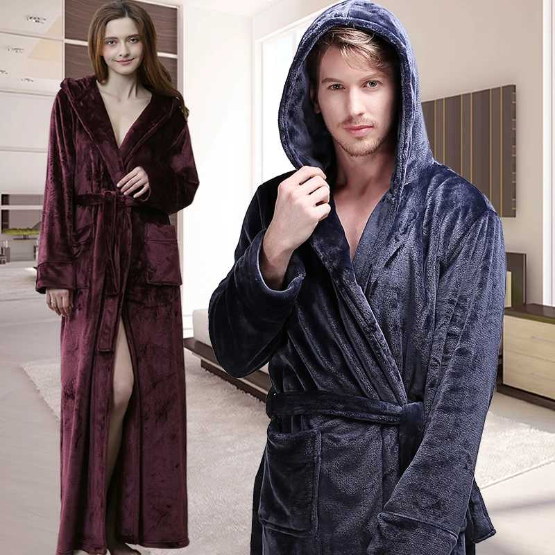 

Men Women Winter Extra Long Hooded Thick Flannel Warm Bathrobe Mens Luxury Thermal Bath Robe Silk Soft Dressing Gown Male Robes