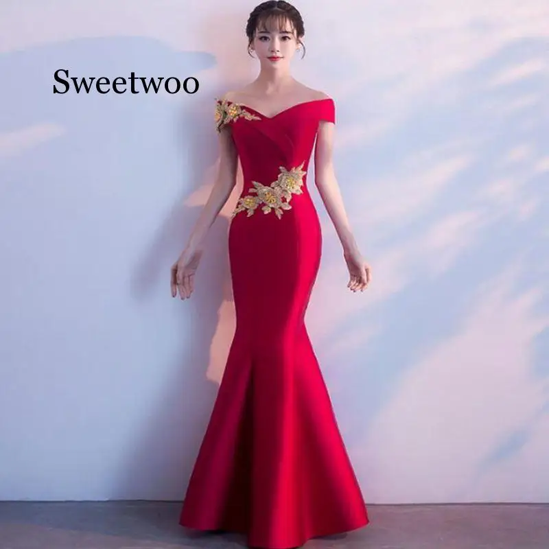 

Summer New Women's Fishtail Shoulder Embroidered Slim Dress Sexy Temperament Elegant Banquet Long Dresses Red Green Blue