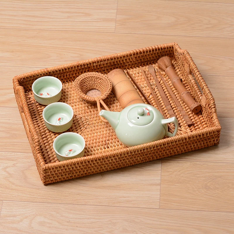 New-Rattan Woven Storage Fruit Basket Candy Snack Snack Plate Cutlery Tray With Breakfast Bed Bar Dinner Rectangular 14.5X10.2 I