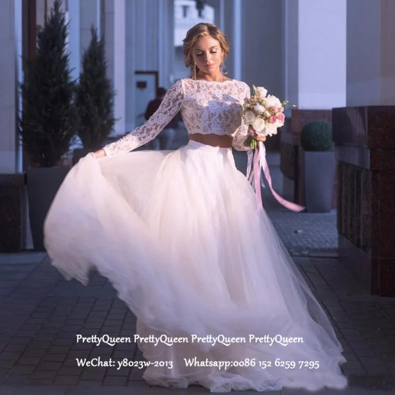 Двухкомпонентное богемное пляжное свадебное платье, белый кружевной кроп-топ и Тюлевая юбка, свадебные платья с длинными рукавами