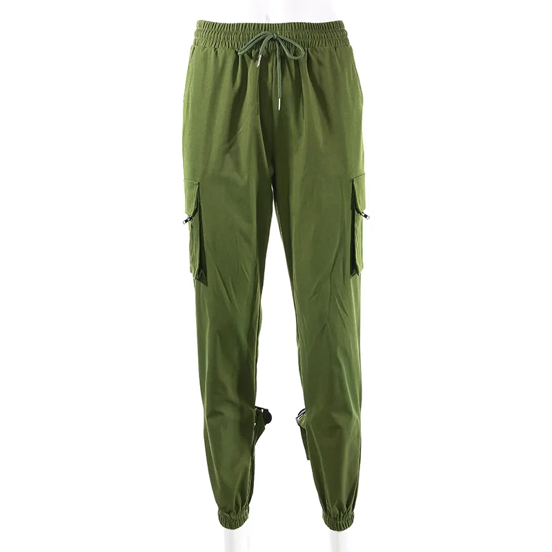 Женские военные брюки-карго с высокой талией в Корейском стиле Харадзюку, штаны для бега, хипстерские шаровары в стиле хип-хоп, мешковатые атласные спортивные штаны, уличная одежда - Цвет: Зеленый
