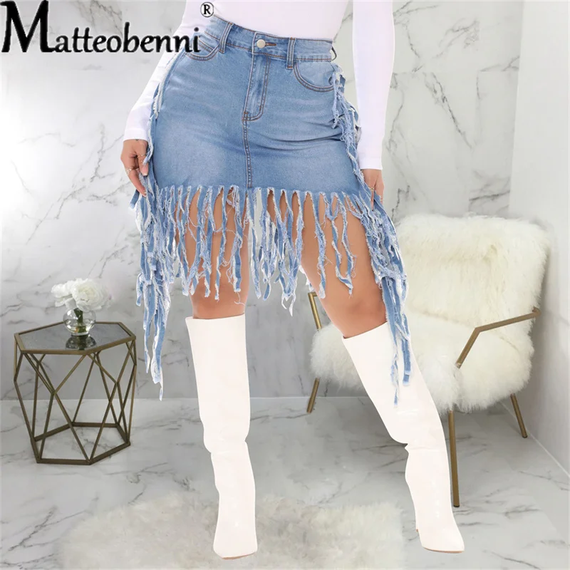 Women High Waist Sexy Jeans Skirts Top Quality Cotton Irregular Hole Ripped Tassel Denim Skirts Ladies Casual Street Short Skirt