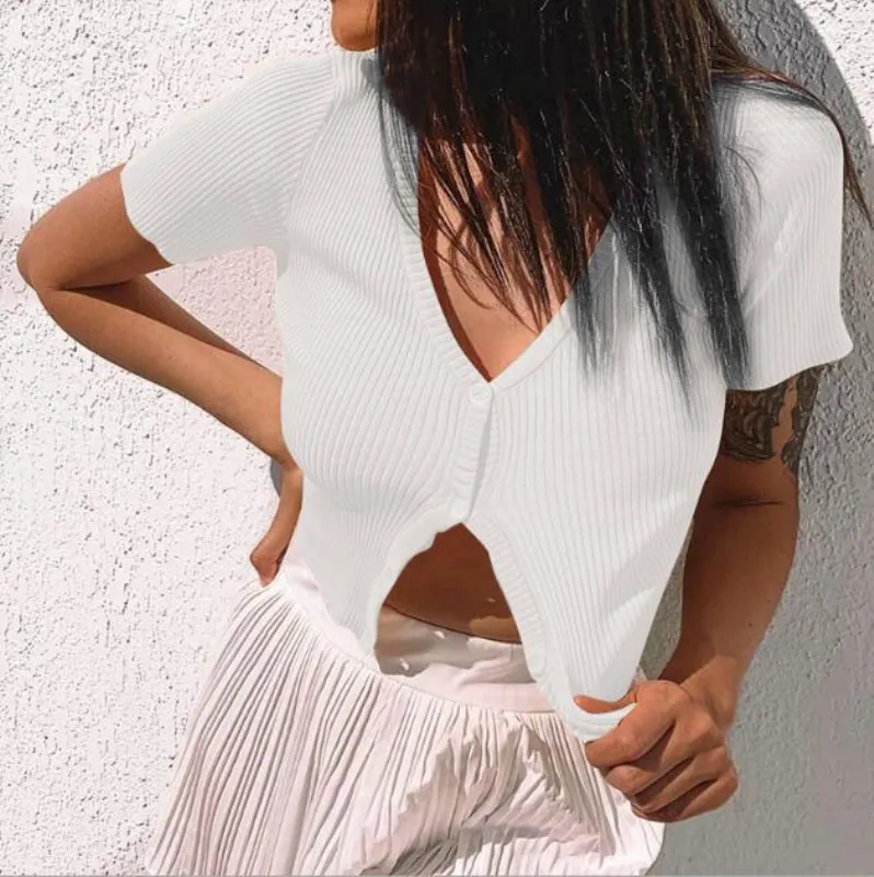 2020 Short Sleeve Buttons Cardigan Sexy Crop Tops Summer Women Fashion Knitted Casual Bodycon Stretchy T-shirts