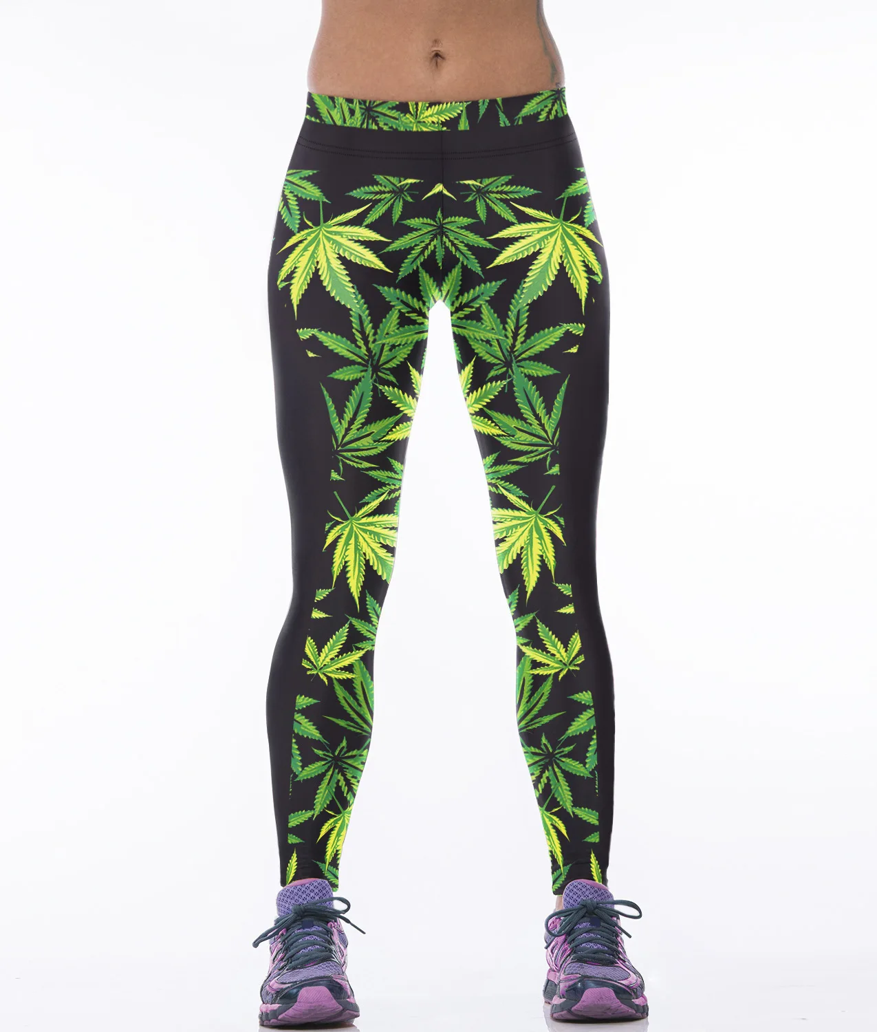 

-Style Green Leaf Digital Printing Leggings Women's Stretch Yoga Pants Fitness Running Buttock Lifting Athletic Pants