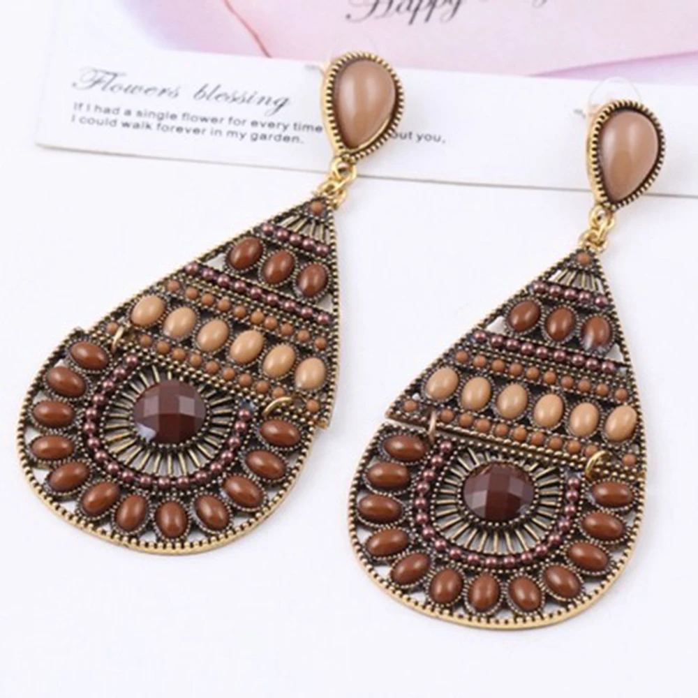 Бренд Boho цветное большое Ювелирное Украшение Кристалл Цыганский этнический висячие серьги Винтажные бусины Круглые серьги для женщин ювелирные изделия - Окраска металла: Brown