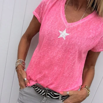 

New Fashion T shirt Women Sequins V-Neck Five-pointed star Tops Tees Female Short Sleeve Street Ladies Plus size code S-5XL