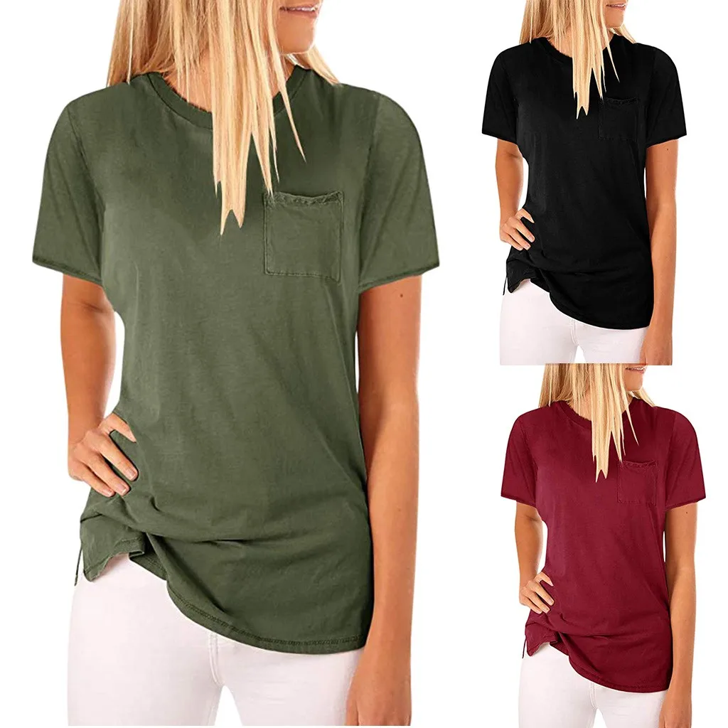 

Women's Summer Fashion O Neck Short Sleeve Slim Blouse Solid Shirts With Pocket Tops Wholesale Free Ship рубашка женская Z4