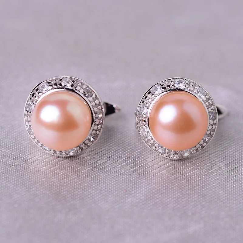 pink YIKALAISI, 925 пробы, серебряные ювелирные изделия, жемчужные серьги,, ювелирные изделия из натурального жемчуга, 8-9 мм, серьги-гвоздики для женщин - Цвет камня: pink