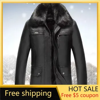 

2020Autumn Winter Leather Warm Men's Fur Collar Zipper Windbreaker Men's Leather Jacket michael jackson jacket faux fur coat