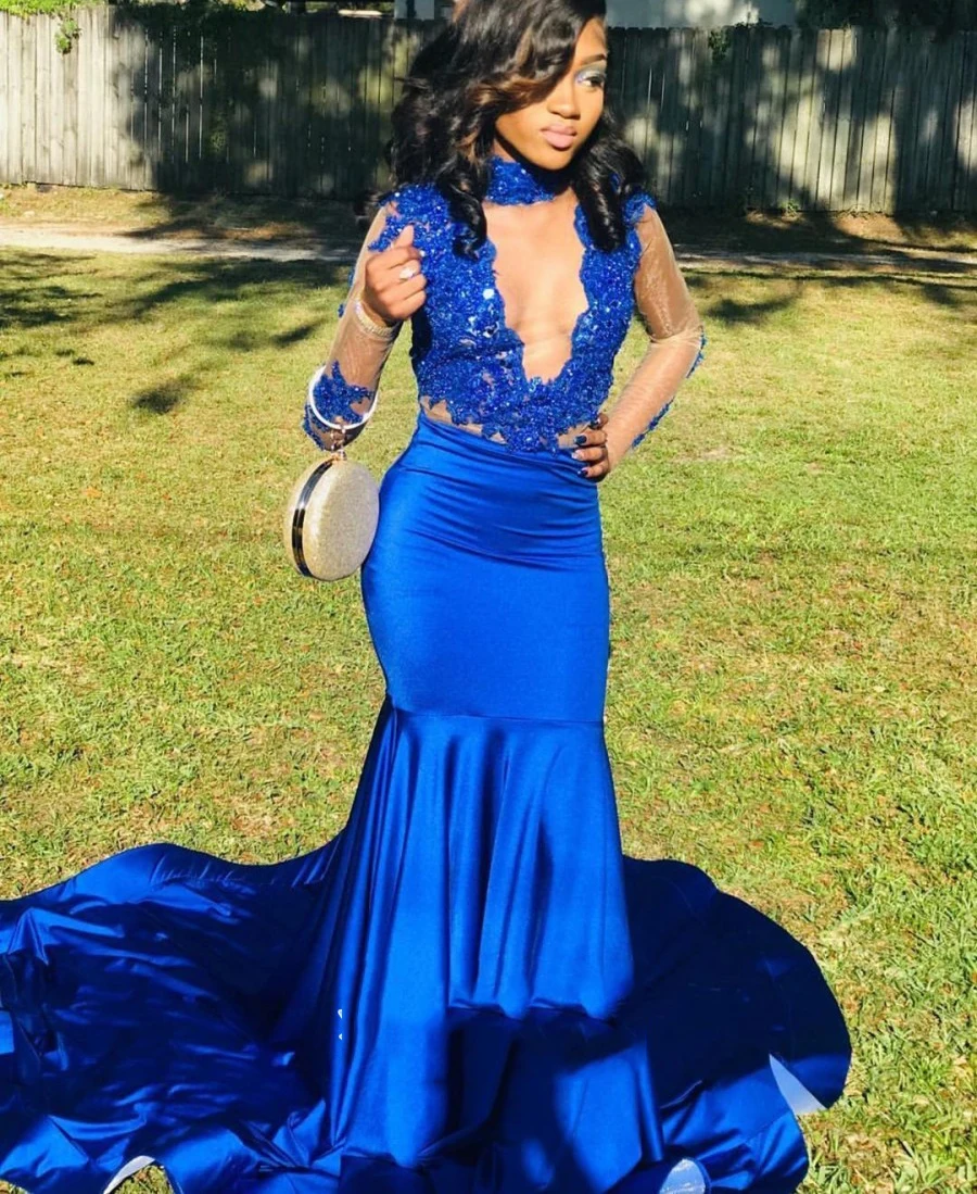 Royal Blue Prom Dresses Mermaid High Neck Long Sleeves Lace Appliques Beads Evening Formal Dress For Black Girls CP181