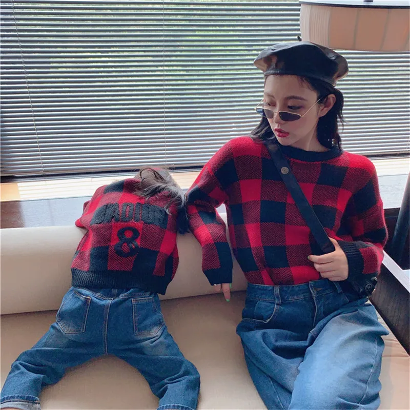 new autumn and winter heavy high-end family parent-child costume New Year Christmas vintage red and black check embroidery