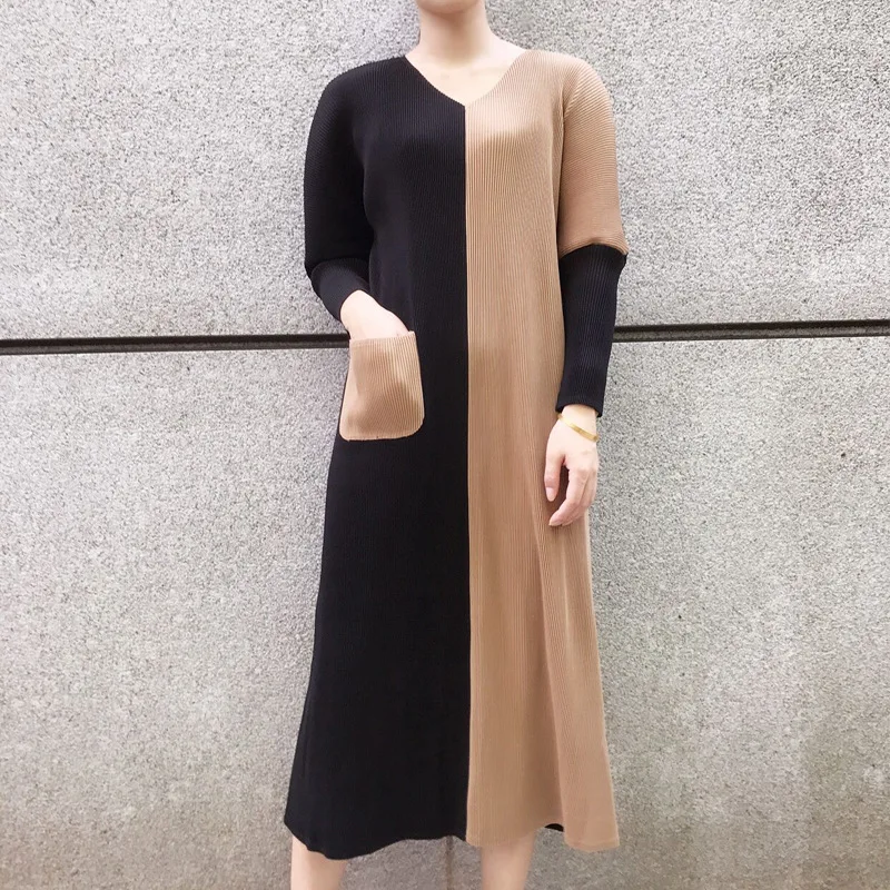 Miyake раза утолщенные платья осенние платья Новые Длинные рукава с карманом большая Упаковочная