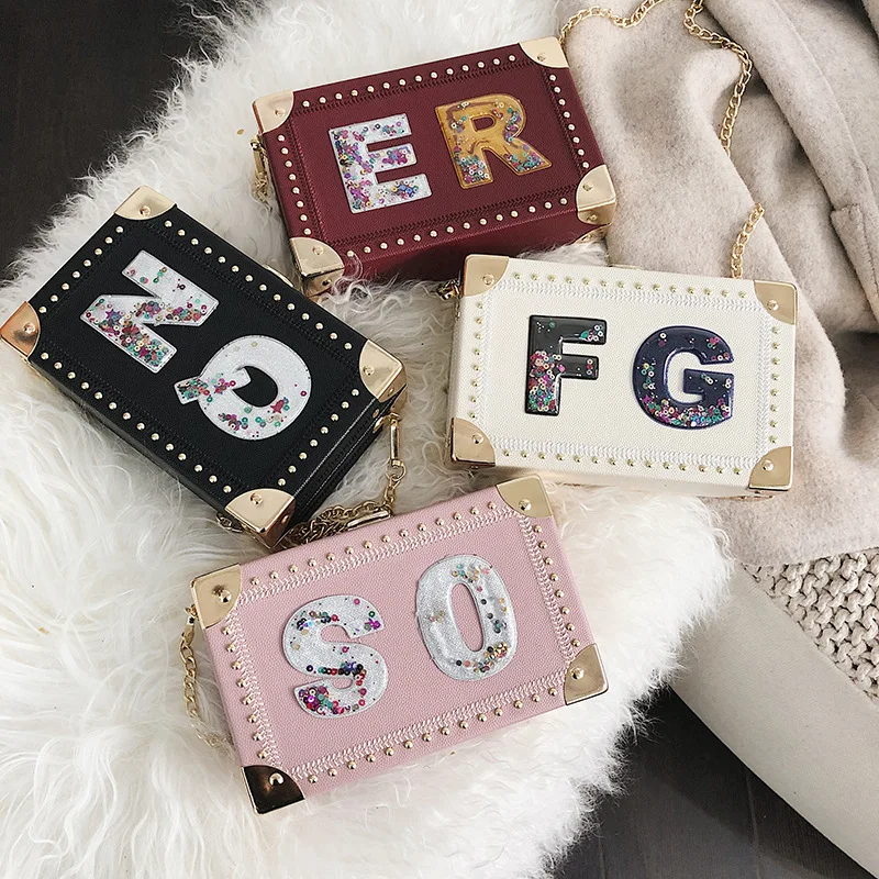 

2019 Stereotyped Small Boxes Sequin Letter Iron Bag Angle Single Shoulder Leaning Women's Bag