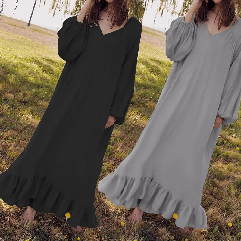 

Autumn Vintage Shirt Dress 2019 Celmia Women's Ruffles Long Maxi Dress V neck Long Sleeve Casual Loose Party Vestidos Plus Size