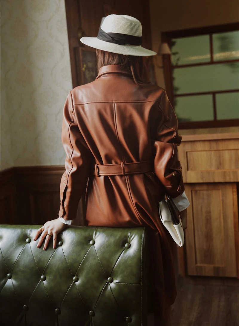 [EAM] Длинная коричневая куртка свободного кроя из искусственной кожи, новинка, Женское пальто с отворотом и длинным рукавом, модное осенне-зимнее 1K830
