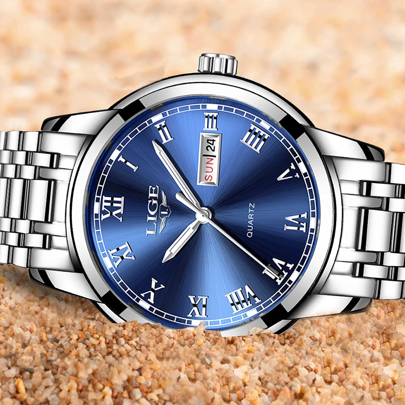 LIGE Luxury Brand Men Stainless Steel Gold Watch Men's Quartz