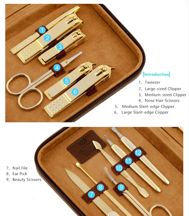 777(три семерки) Высококачественный углеродистая сталь Золотой клипер для ногтей триммер для маникюра, педикюра 12 в 1 домашний роскошный набор NTS-1261G