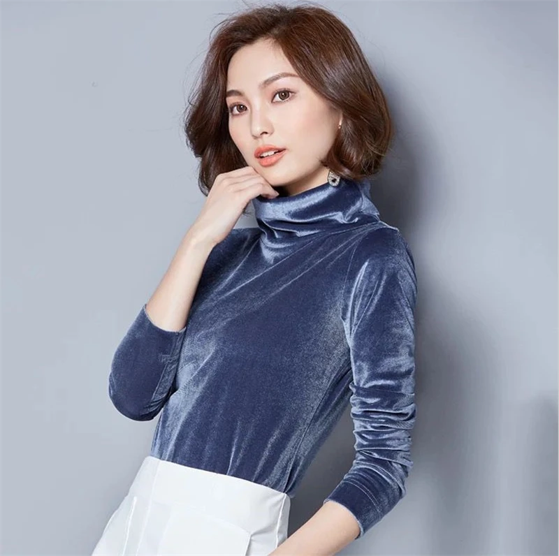 blue gray Новинка весны, модные женские бархатные рубашки с длинным рукавом, велюровые базовые рубашки с высоким воротом, топы размера плюс M-6XL, 7XL, 8XL - Цвет: blue gray