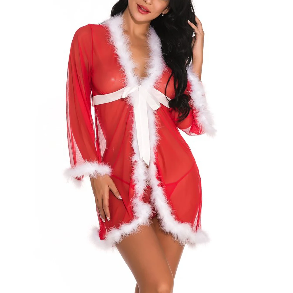 Рождественское сексуальное красное женское белье ночное нижнее с бантом Femme Noel