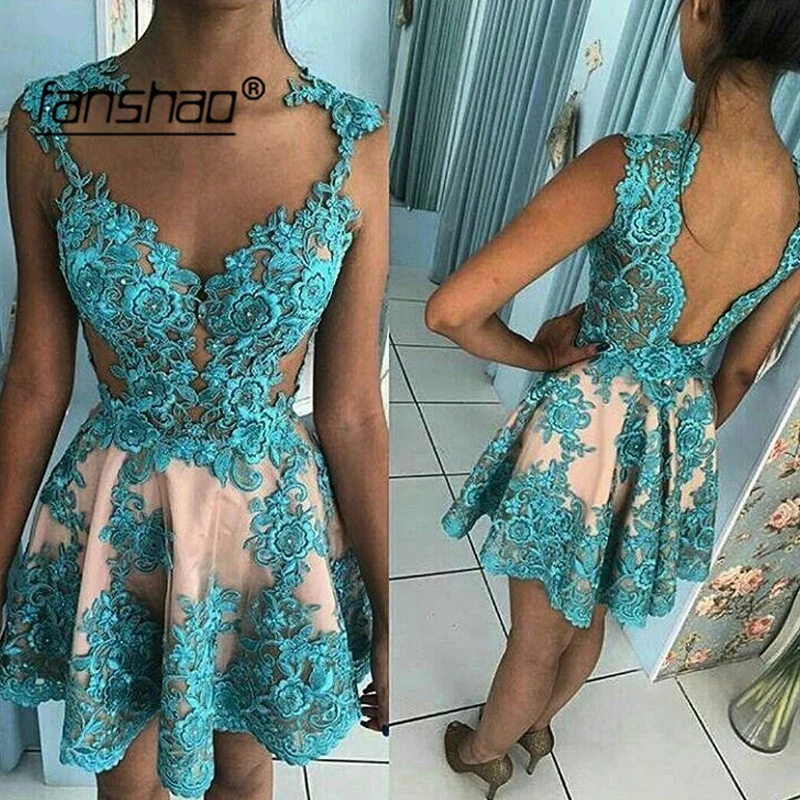 

Fanshao Blue Cocktail Dresses A-line Illusion V-Neck Backless Short Mini Appliques Lace Sleeveless Special Occasion Gowns