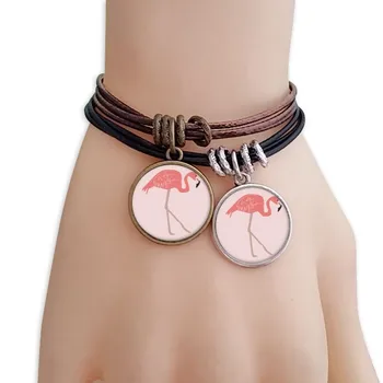 

Walking Flamingo Pattern Pink Bracelet Double Leather Rope Wristband Couple Set
