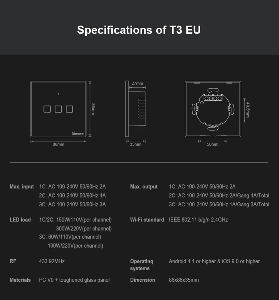 Интеллектуальный выключатель света SONOFF T2/T3 TX ЕС 1/2/3 433 РЧ Смарт Wi-Fi настенный сенсорный выключатель с границы голоса/приложение/сенсорный экран Управление работать с Alexa умный дом