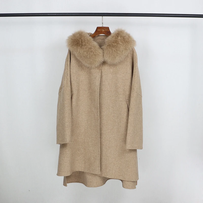 OFTBUY новое пальто из натурального меха, зимняя куртка Для женщин сапоги на натуральном лисьем меховой капюшон, воротник из кашемировой шерсти длинные свободные верхняя одежда для дам - Цвет: CAMEL