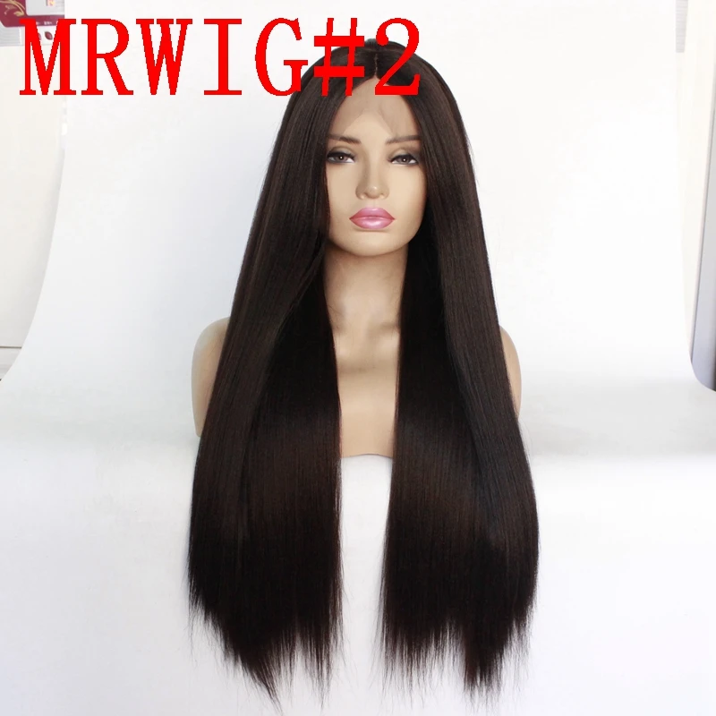 #2 MRWIG Длинные Яки прямые синтетические кружева спереди парик Средняя Часть Glueless термостойкие волокна Женские 150% Плотность - Цвет: #2