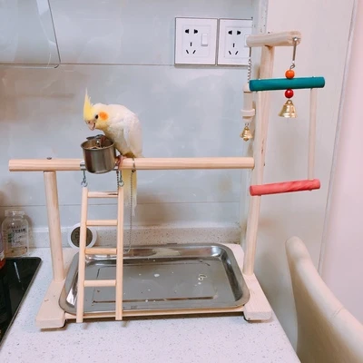 Parrot Playstand с Качели Попугай ноги кольцо цепочка птица стойка для приставки Cockatiel игровая площадка Фидер чашки Деревянный Манеж игровой лоток HW192 - Цвет: Size 4