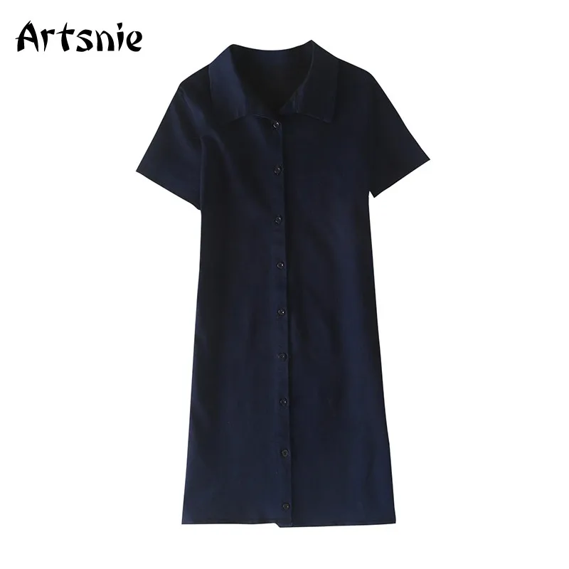 Artsnie темно-синее прямое джинсовое платье для женщин летнее с отложным воротником