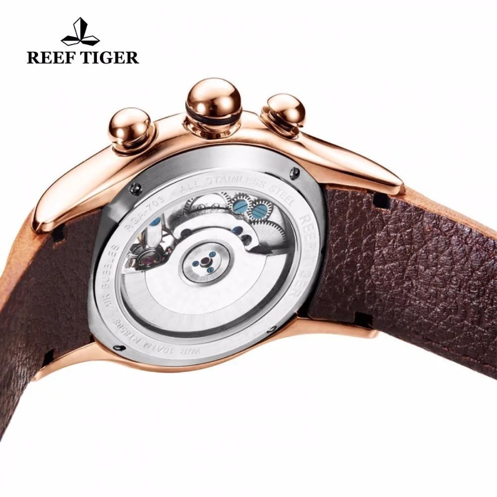 Reef Tiger Роскошные Розовое Золото Скелет Автоматические наручные часы Tourbillon кожаный ремешок часы водонепроницаемые спортивные часы для мужчин RGA703