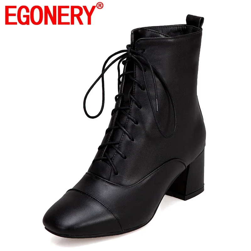 EGONERY/ г. Новые зимние выразительные ботильоны с квадратным носком Женская офисная обувь на высоком каблуке с перекрестной шнуровкой, большие размеры Прямая