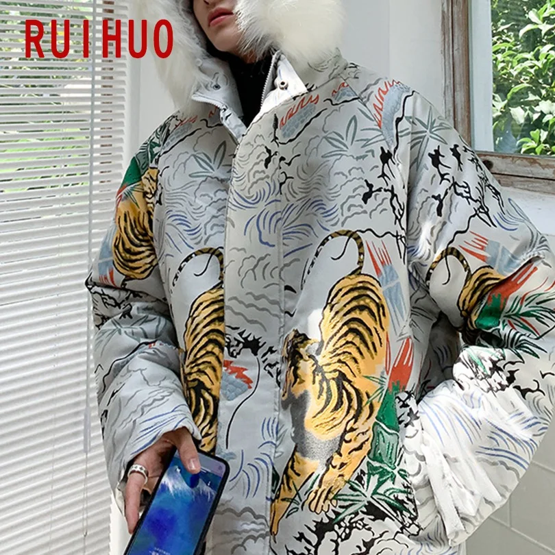 RUIHUO с вышивкой тигра, пальто с капюшоном, мужская куртка, теплая зимняя куртка, мужское пальто, парка, зимнее пальто, мужская одежда, осенняя парка размера xxxl