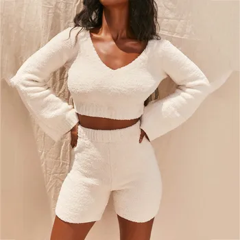 

Summer New Casual Fashion Plush V-neck Navel Bell Sleeve Sweater Shorts Two-Piece Suit, Female sweat suits women