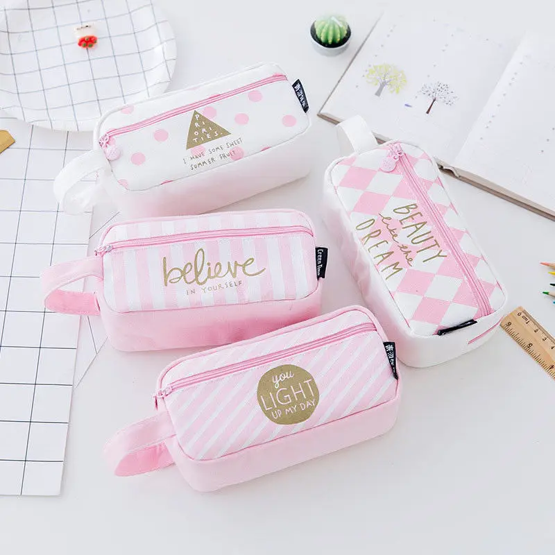 1PC Grid Canvas Pink Pencil Case Kawaii Large Capacity Storage Bag School Supplies Stationery for Girls Students Gifts | Канцтовары для