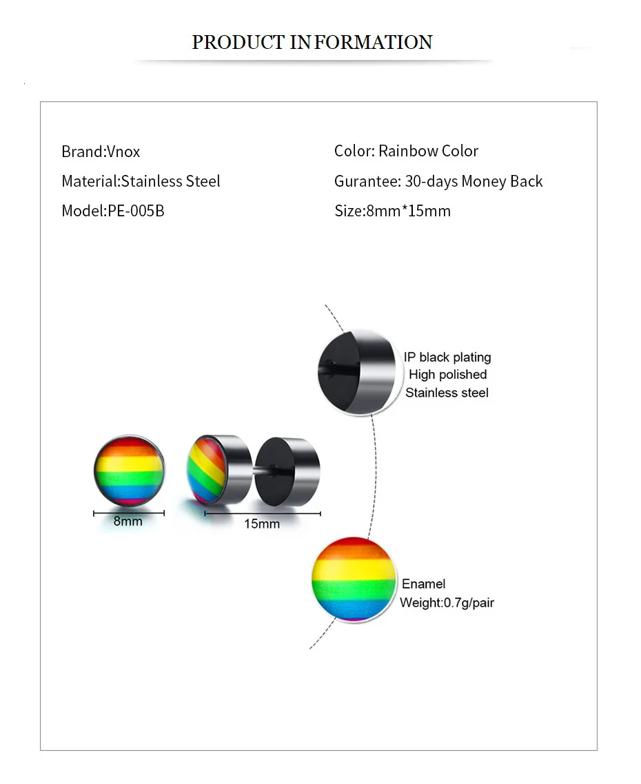 Vnox, радужные серьги-гвоздики для мужчин, нержавеющая сталь, винты, серьги в стиле панк, ювелирные изделия
