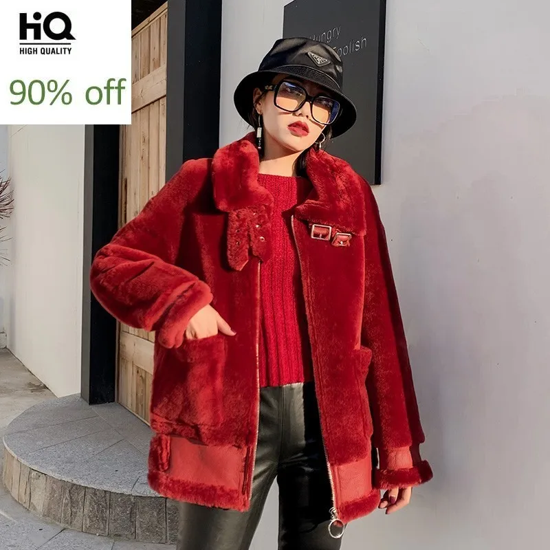 

Winter Luxury Women Real Fur Jacket Warm Loose Fit Natural Wool Shearling Genuine Leather Jacket Biker Coat Windproof Overcaot