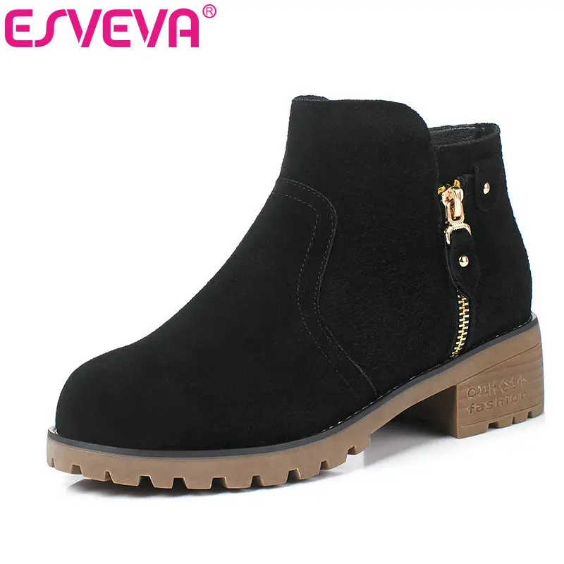 

ESVEVA 2020 Women Shoes Ankle Boots Round Toe Sexy PU+Leather Suede Zipper Med Heel Motorcycle Platform Boot Size 34-43